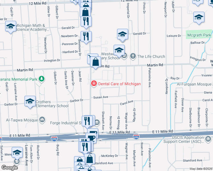 map of restaurants, bars, coffee shops, grocery stores, and more near 11847 Farnum Avenue in Warren