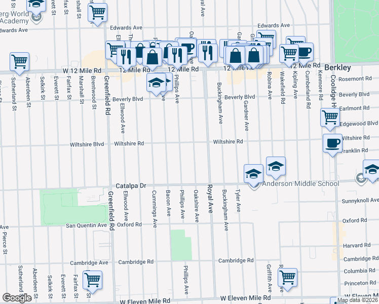 map of restaurants, bars, coffee shops, grocery stores, and more near 2853 Oakshire Avenue in Berkley