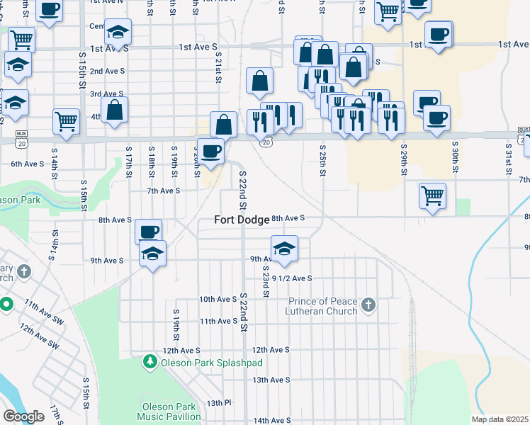 map of restaurants, bars, coffee shops, grocery stores, and more near 2216 8th Avenue South in Fort Dodge