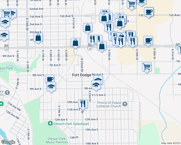 map of restaurants, bars, coffee shops, grocery stores, and more near 2216 8th Avenue South in Fort Dodge