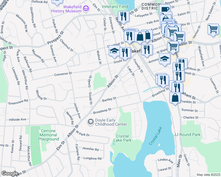 map of restaurants, bars, coffee shops, grocery stores, and more near 276 Albion Street in Wakefield