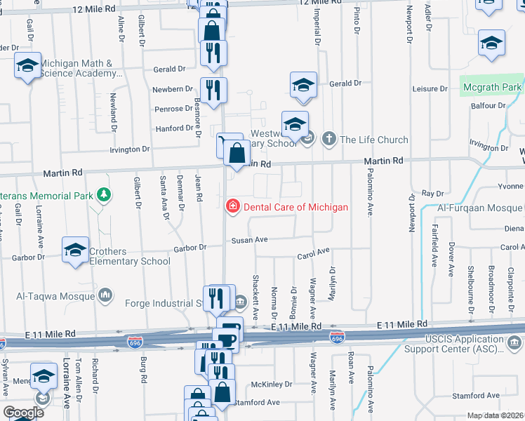 map of restaurants, bars, coffee shops, grocery stores, and more near 11847 Farnum Avenue in Warren
