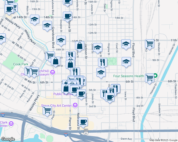 map of restaurants, bars, coffee shops, grocery stores, and more near 700 Jackson Street in Sioux City