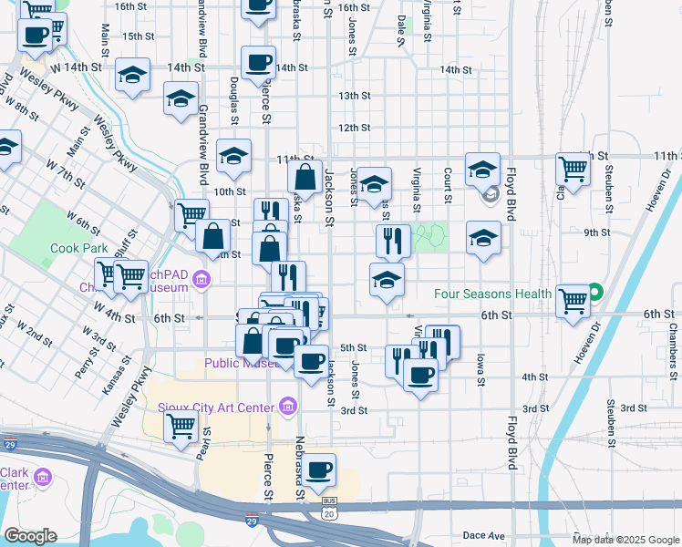 map of restaurants, bars, coffee shops, grocery stores, and more near 700-798 Jackson St in Sioux City
