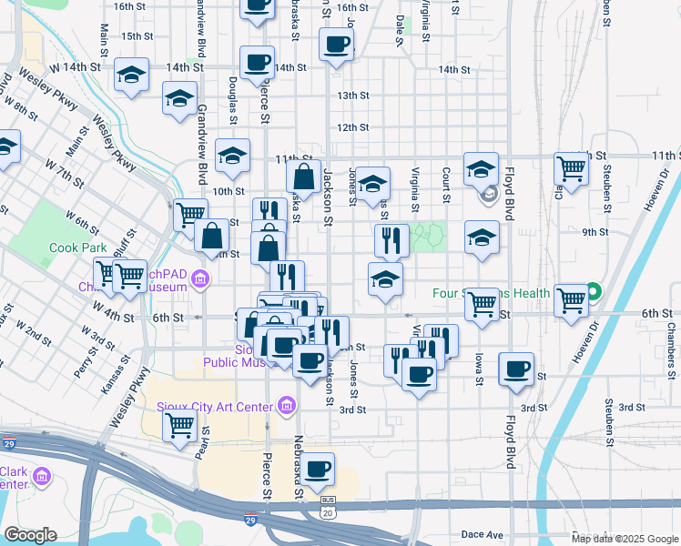 map of restaurants, bars, coffee shops, grocery stores, and more near 700-798 Jackson St in Sioux City