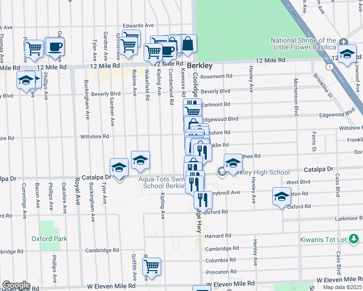 map of restaurants, bars, coffee shops, grocery stores, and more near 2824 Cumberland Road in Berkley