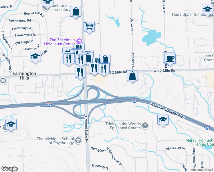 map of restaurants, bars, coffee shops, grocery stores, and more near 27777 Stansbury Street in Farmington Hills
