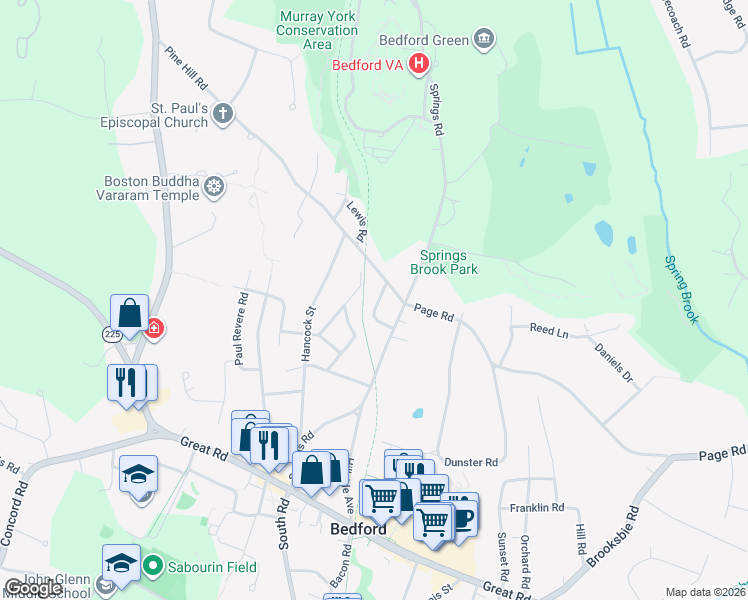 map of restaurants, bars, coffee shops, grocery stores, and more near 22 Nickerson Road in Bedford