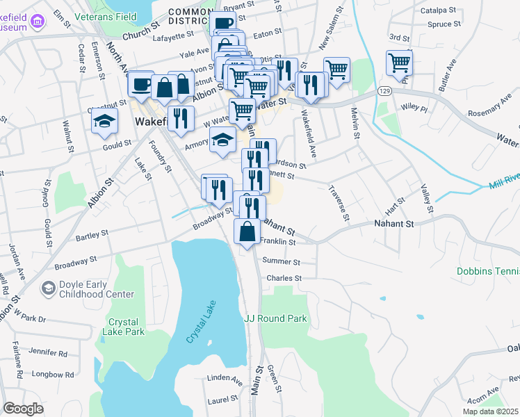 map of restaurants, bars, coffee shops, grocery stores, and more near 602 Main Street in Wakefield