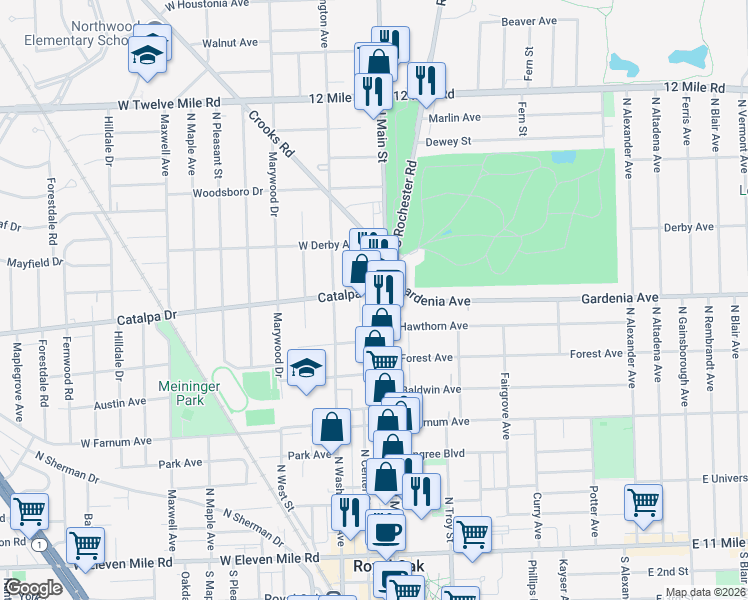 map of restaurants, bars, coffee shops, grocery stores, and more near 111 Catalpa Drive in Royal Oak