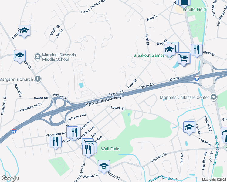 map of restaurants, bars, coffee shops, grocery stores, and more near 18 Georgia Drive in Burlington
