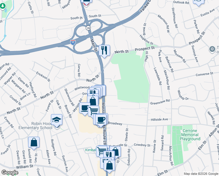 map of restaurants, bars, coffee shops, grocery stores, and more near 64 Main Street in Stoneham