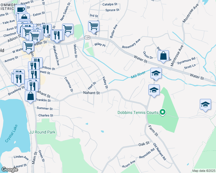 map of restaurants, bars, coffee shops, grocery stores, and more near 84 Valley Street in Wakefield