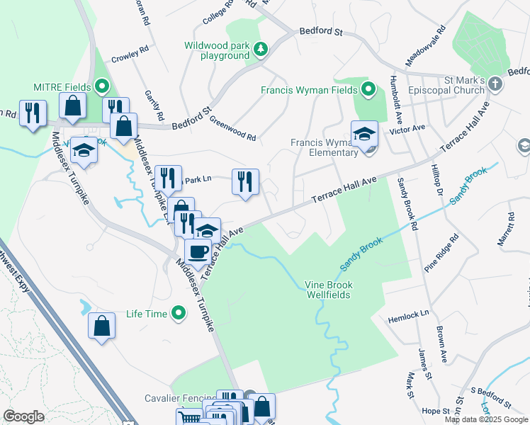 map of restaurants, bars, coffee shops, grocery stores, and more near 77 Terrace Hall Avenue in Burlington