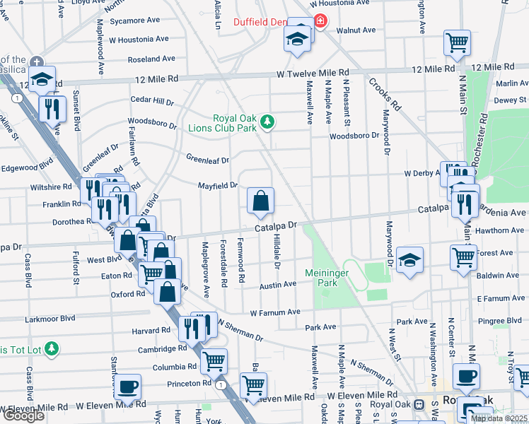 map of restaurants, bars, coffee shops, grocery stores, and more near 1113 Lawndale Drive in Royal Oak