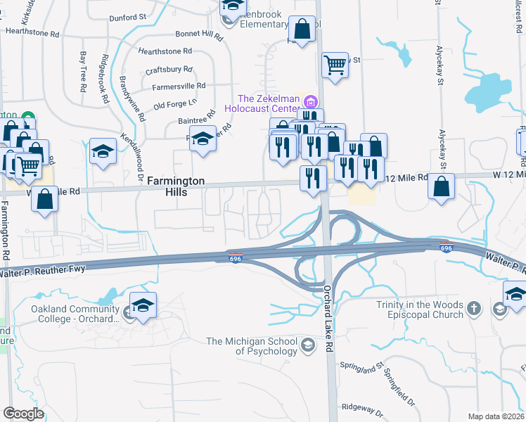 map of restaurants, bars, coffee shops, grocery stores, and more near 27542 Echo Valley West in Farmington Hills
