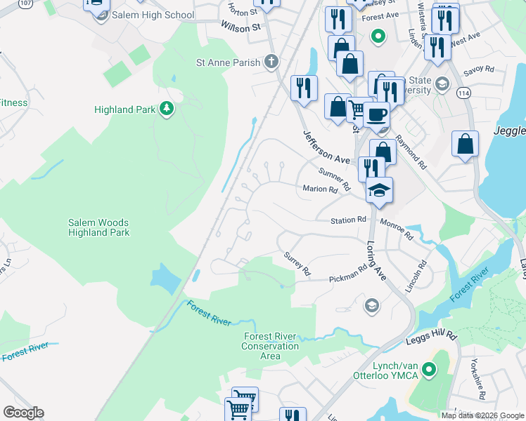 map of restaurants, bars, coffee shops, grocery stores, and more near 90 Moffatt Road in Salem