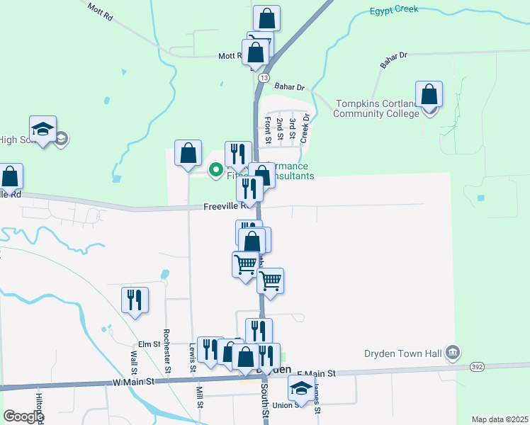 map of restaurants, bars, coffee shops, grocery stores, and more near 4 Lee Road in Dryden