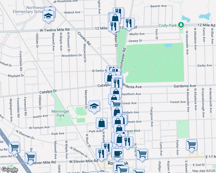 map of restaurants, bars, coffee shops, grocery stores, and more near 111 Catalpa Drive in Royal Oak