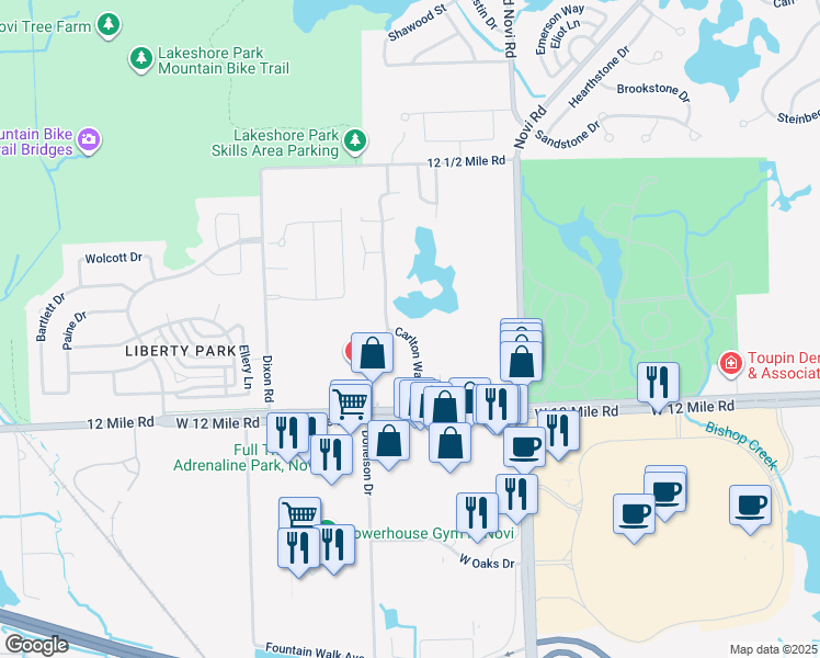 map of restaurants, bars, coffee shops, grocery stores, and more near 28050 Carlton Way Drive in Novi