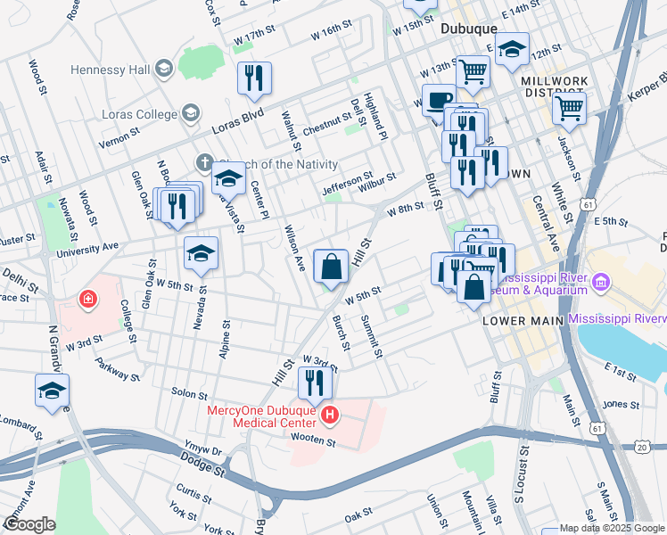 map of restaurants, bars, coffee shops, grocery stores, and more near 735 Caledonia Place in Dubuque