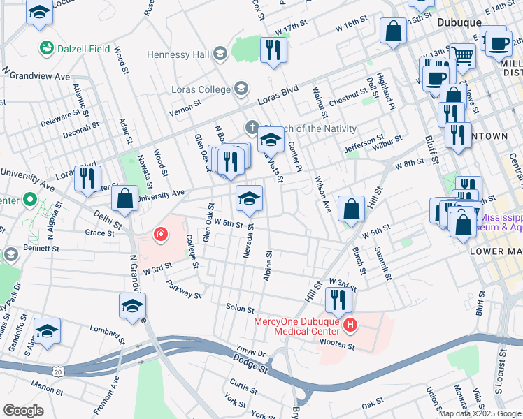 map of restaurants, bars, coffee shops, grocery stores, and more near 670 Alpine Street in Dubuque