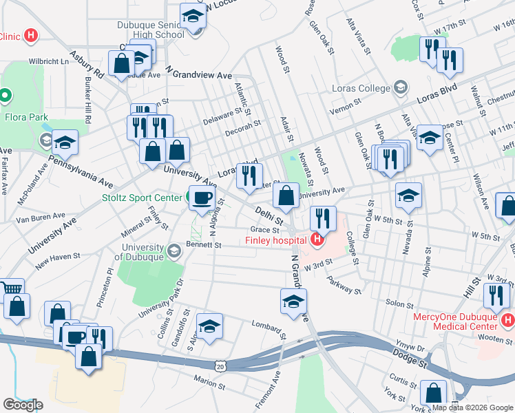 map of restaurants, bars, coffee shops, grocery stores, and more near 1853 Delhi Street in Dubuque