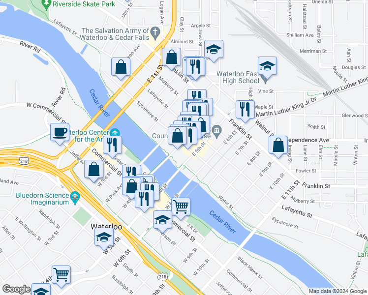 map of restaurants, bars, coffee shops, grocery stores, and more near 607 Sycamore Street in Waterloo