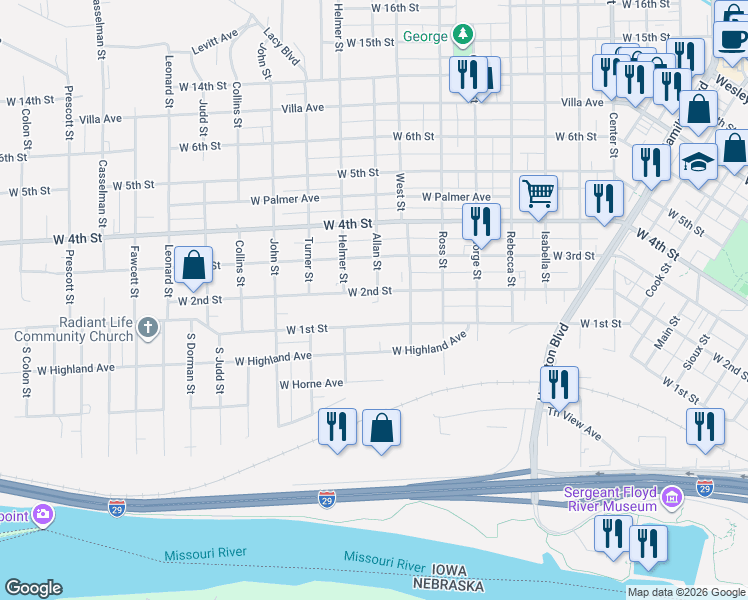 map of restaurants, bars, coffee shops, grocery stores, and more near 1802-1898 West 2nd Street in Sioux City