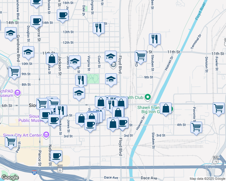 map of restaurants, bars, coffee shops, grocery stores, and more near 710 Iowa Street in Sioux City