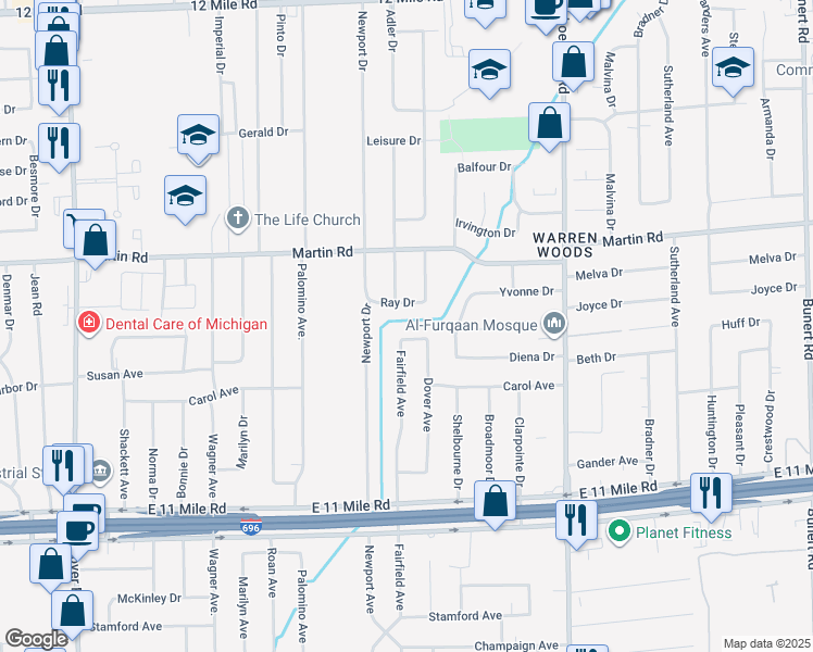 map of restaurants, bars, coffee shops, grocery stores, and more near 12917 Jan Drive in Warren