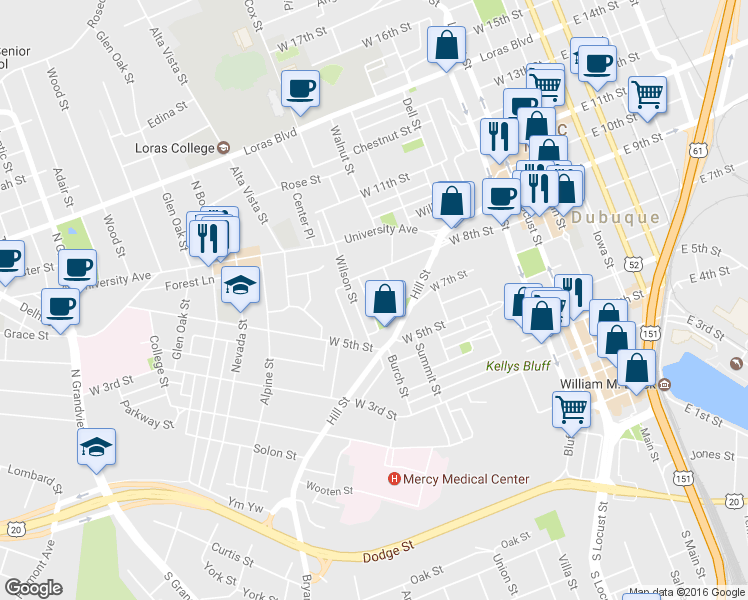 map of restaurants, bars, coffee shops, grocery stores, and more near 735 Caledonia Place in Dubuque