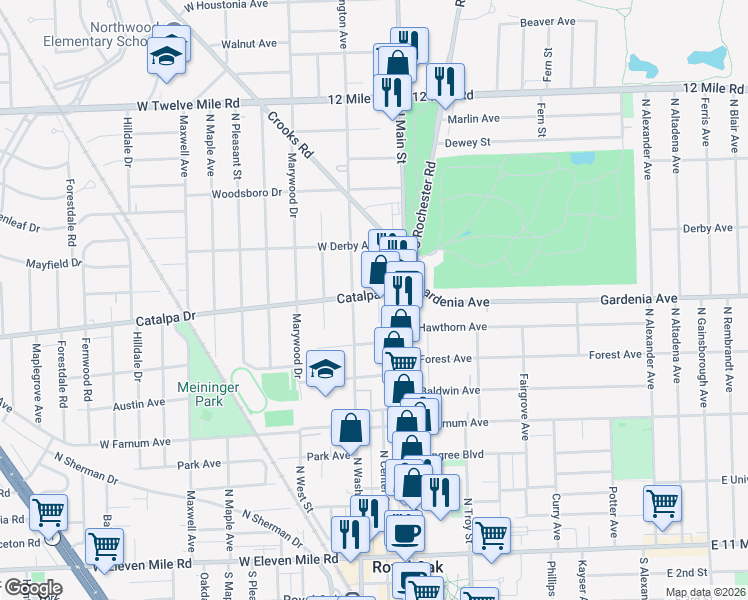 map of restaurants, bars, coffee shops, grocery stores, and more near 203 Catalpa Drive in Royal Oak