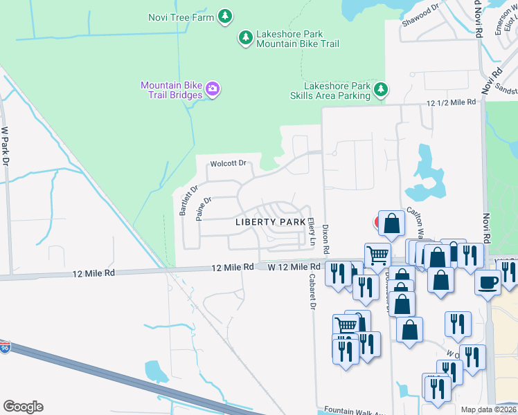 map of restaurants, bars, coffee shops, grocery stores, and more near 28027 Middleton Drive in Novi