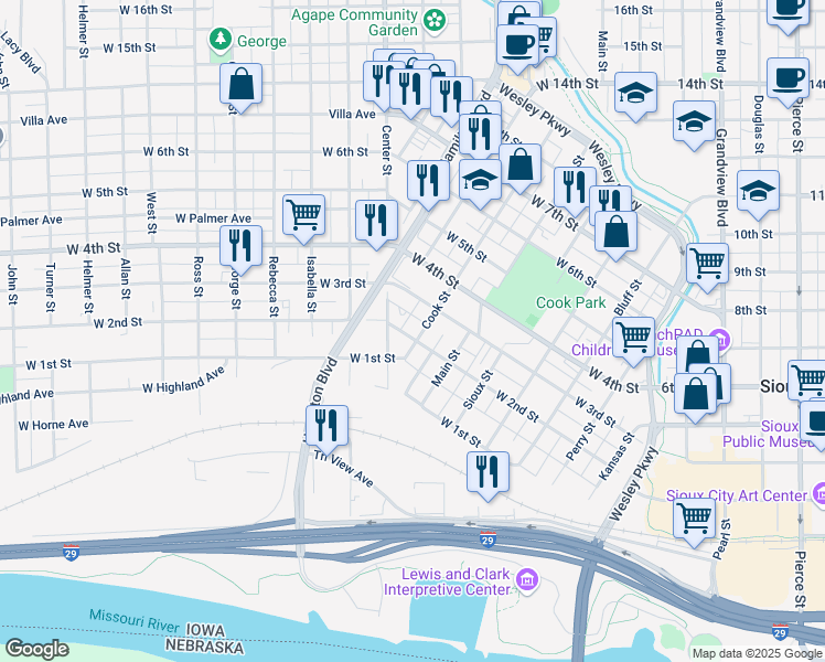 map of restaurants, bars, coffee shops, grocery stores, and more near 201 Cook Street in Sioux City
