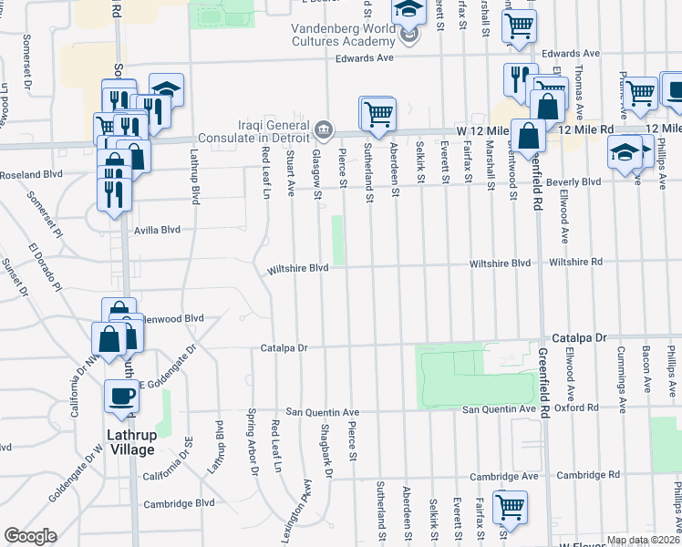 map of restaurants, bars, coffee shops, grocery stores, and more near 28315 Pierce Street in Southfield