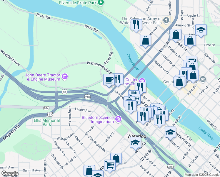 map of restaurants, bars, coffee shops, grocery stores, and more near 21 West Jefferson Street in Waterloo