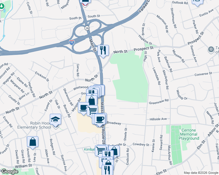 map of restaurants, bars, coffee shops, grocery stores, and more near 12 Isola Lane in Stoneham
