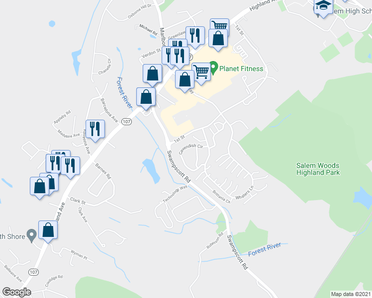 map of restaurants, bars, coffee shops, grocery stores, and more near 29 Cavendish Circle in Salem