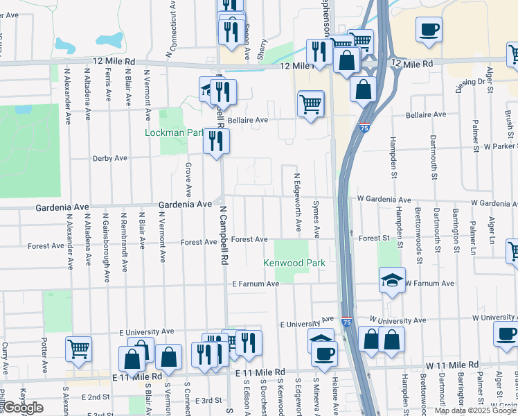 map of restaurants, bars, coffee shops, grocery stores, and more near 917 North Dorchester Avenue in Royal Oak