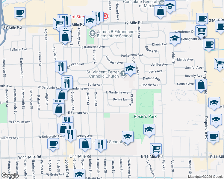 map of restaurants, bars, coffee shops, grocery stores, and more near 732 Hecht Drive in Madison Heights