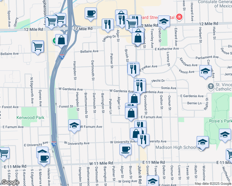 map of restaurants, bars, coffee shops, grocery stores, and more near 27890 Palmer Lane in Madison Heights