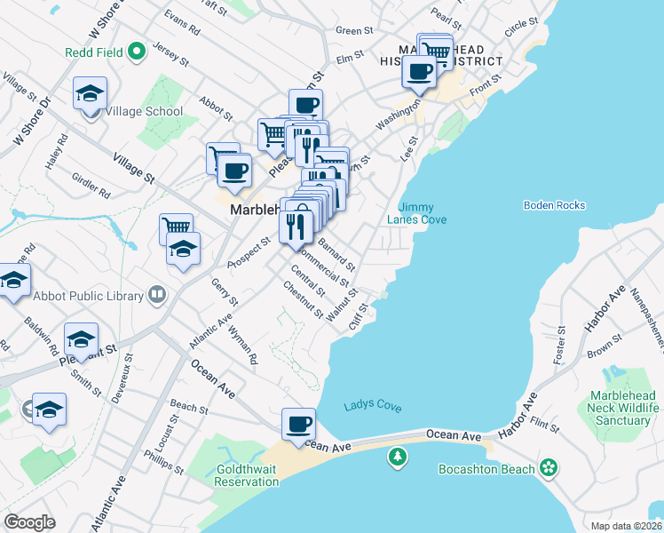 map of restaurants, bars, coffee shops, grocery stores, and more near 39 Barnard Street in Marblehead