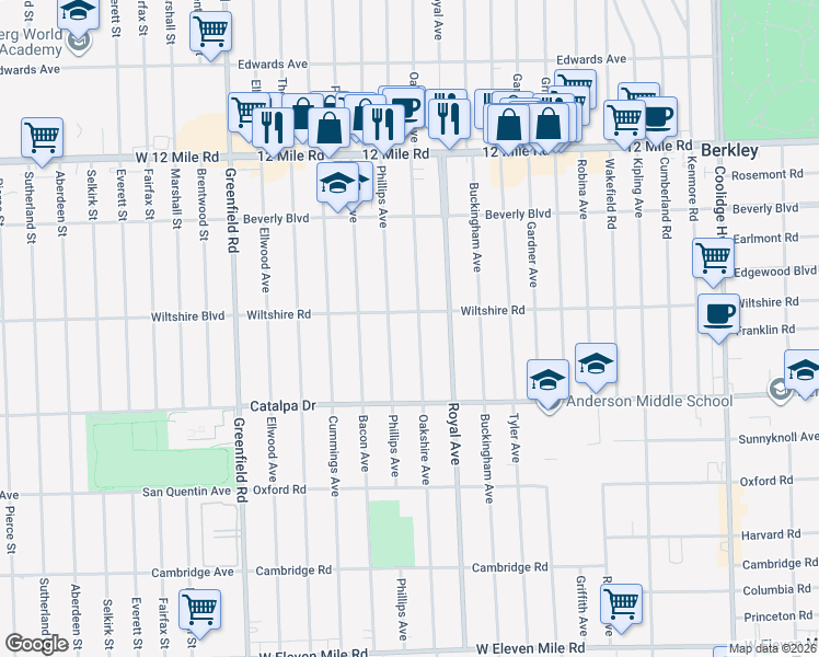 map of restaurants, bars, coffee shops, grocery stores, and more near 2853 Oakshire Avenue in Berkley