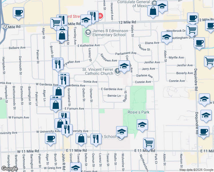 map of restaurants, bars, coffee shops, grocery stores, and more near 732 Hecht Drive in Madison Heights