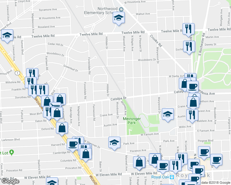 map of restaurants, bars, coffee shops, grocery stores, and more near 1007 Lawndale Drive in Royal Oak