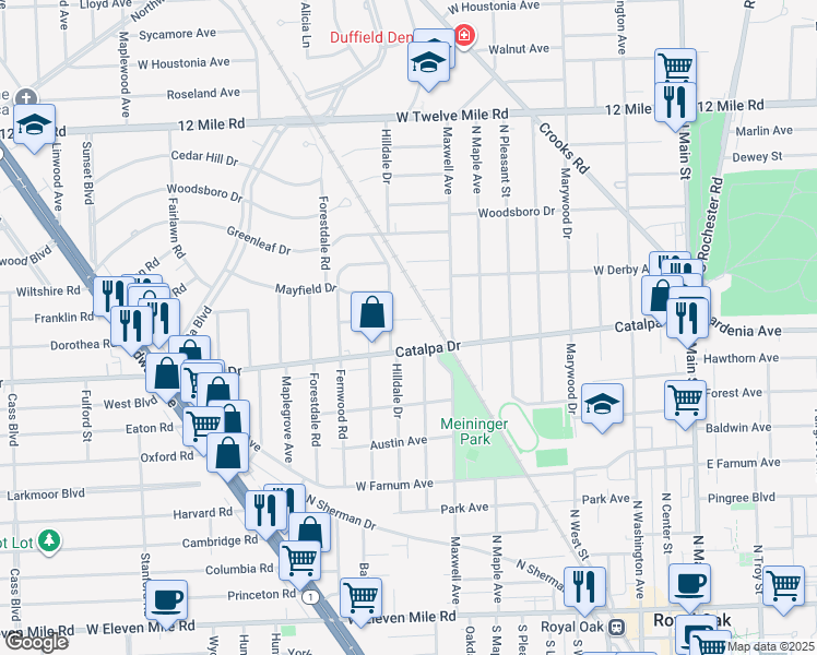 map of restaurants, bars, coffee shops, grocery stores, and more near 1007 Lawndale Drive in Royal Oak