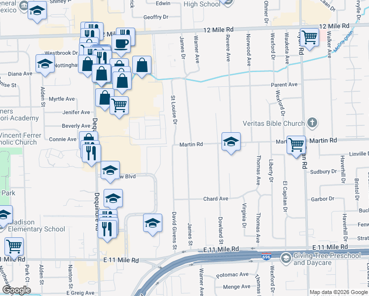 map of restaurants, bars, coffee shops, grocery stores, and more near 27847 James Street in Warren
