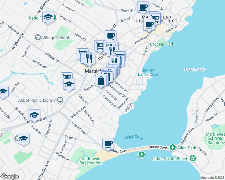 map of restaurants, bars, coffee shops, grocery stores, and more near 31 Commercial Street in Marblehead