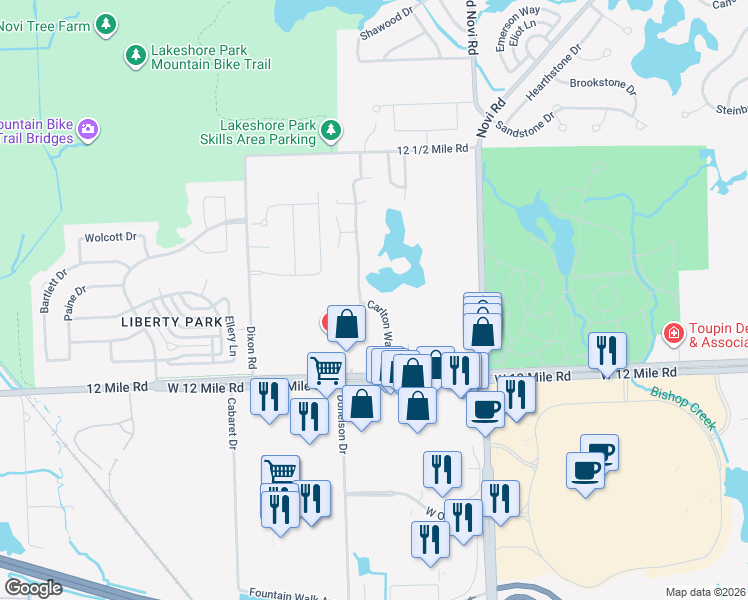 map of restaurants, bars, coffee shops, grocery stores, and more near 28046 Carlton Way Drive in Novi